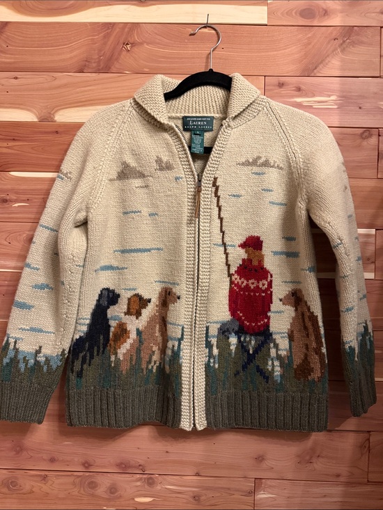 Lauren Ralph Lauren Sweaters - Vintage- Lauren Ralph Lauren Cream Zip-Front Fisherman Sweater with Red Accent
